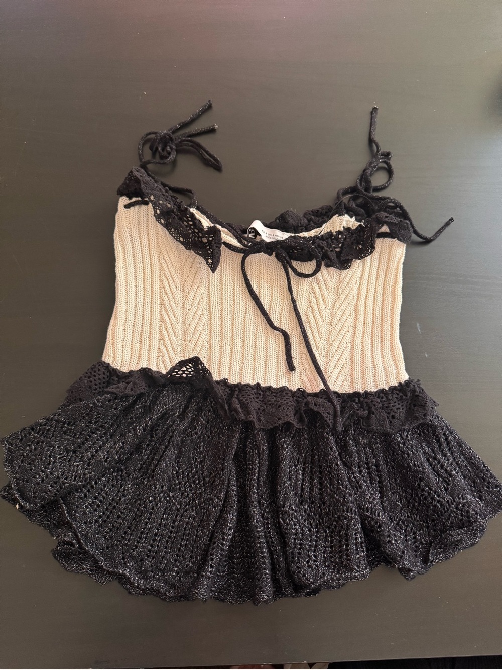 Zara Two-Tone Knit Lace Cami — Black & Cream